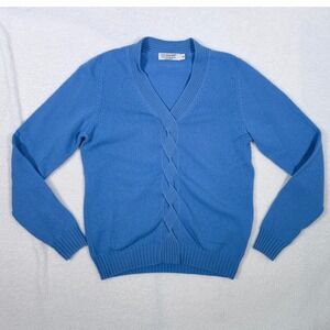 Lochmere Blue 100% Cashmere V-Neck Cable Knit Sweater Size 10 Machine Washable